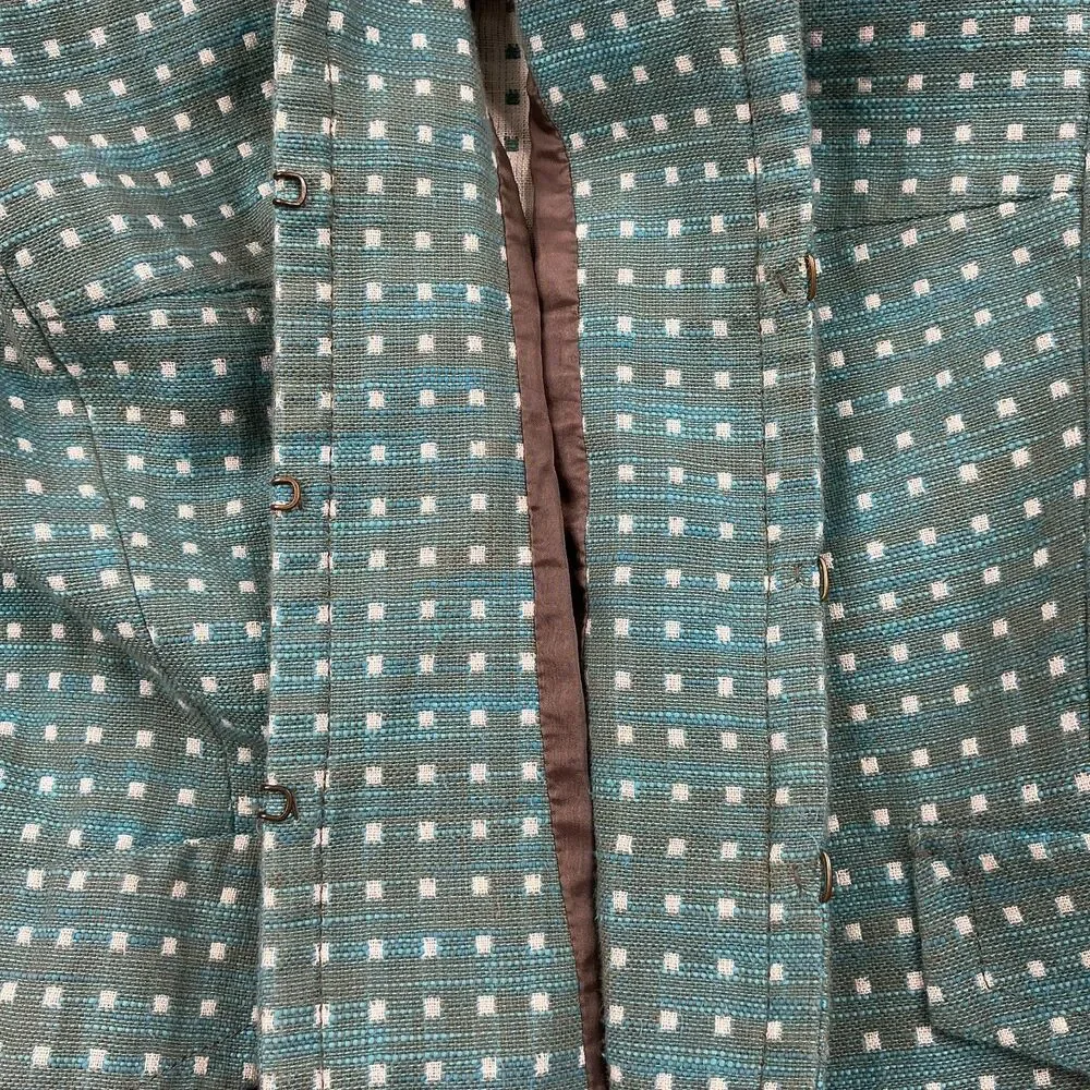 AKRIS Punto Womens Linen Cotton Blazer Size 12 Turquoise White Check Print